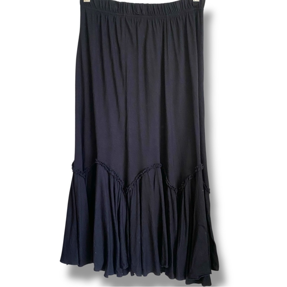 Cordelia Black Midi Tiered Ruffle Lettuce Hem Witchcore Elastic Waistband Skirt - Picture 3 of 7